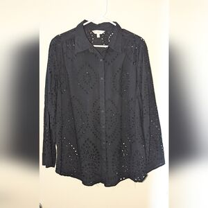 ADIVA Blouse Button Down Collared  L/S Black Eyelet Embroidered  Women's XL